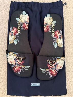Prada Black Floral silk Slide Sandals